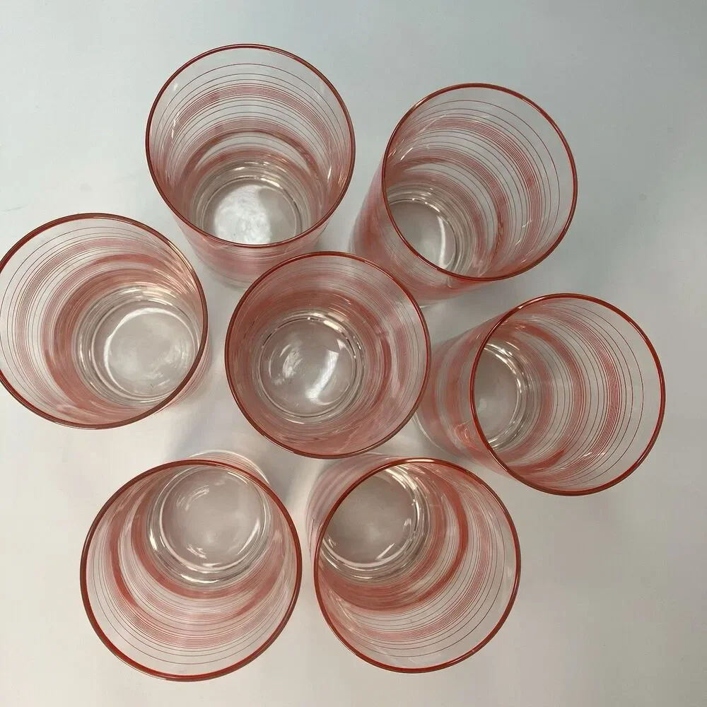 Vtg Lot of 7 Red Thread Stripe Drinking Glasses Tumblers 5.5